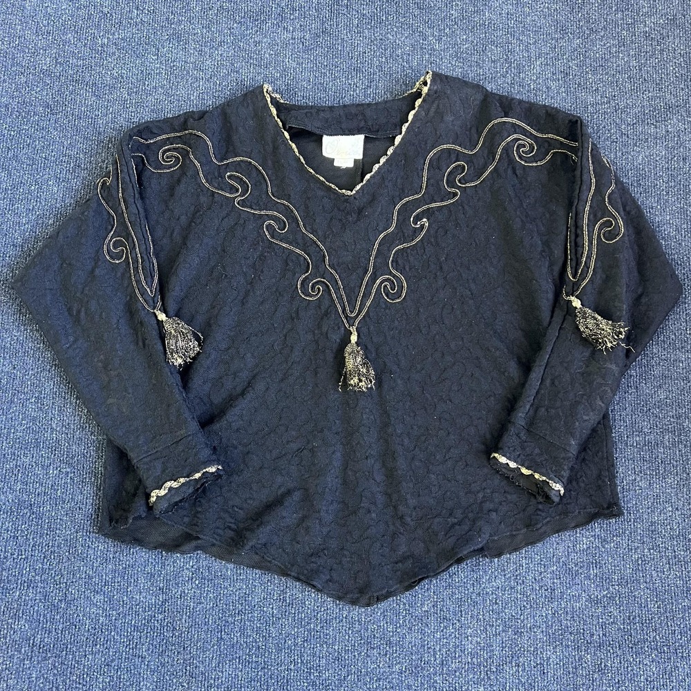 Vintage Tassel Sweater Womens Large Black Metallic Trim Textured Top 80s